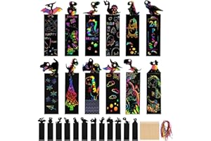 LOCCY 24 Stück Kratzbilder Für Kinder, Dinosaurier Lesezeichen Kratzbilder mit Holzstiften und Bändern DIY Regenbogen Kratzlesezeichen für Junge Mädchen Kindergeburtstag (24 Stück Dinosaurier)