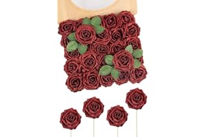 N&T NIETING Lot de 25 Roses artificielles en Mousse Rouge Vif - Aspect réel - avec Tige - pour Bricolage, Mariage, Douche Nuptiale, fête, décoration de Maison