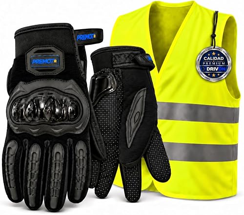 DRIVON Pack Guantes Moto Homologados y Chaleco Reflectante DGT | Guantes Moto Hombre y Mujer Pantalla Táctil EN 13594 + Chale