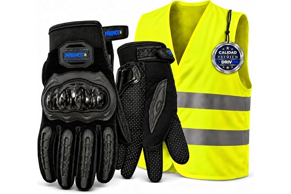 DRIVON Pack Guantes Moto Homologados y Chaleco Reflectante DGT | Guantes Moto Hombre y Mujer Pantalla Táctil EN 13594 + Chaleco Reflectante Homologado EN ISO 20471, con Bolsa
