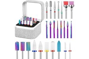 ANKEY 25Pcs Nail Drill Bits Set with Rhinestone Box, 3/32 Inch Nail Drill Bits for Acrylic Nails, Ceramic Diamond Carbide Cuticle Efile Remover Bits for Home Salon Acrylic Gel Nail
