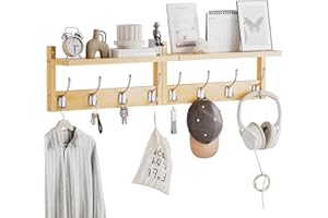 STELLSTAR Perchero con Estante, 2 Paquetes de Percheros de Bambú Montados en la Pared con 8 Ganchos para Entrada, Pasillo, Cocina, Baño, Sala de Estar, Lavadero (Natural)