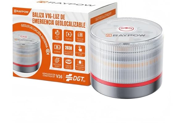 RAYPOW Baliza V16 Homologada DGT con Geolocalización IoT Luz Emergencia Coche Visible 1 km 360° Datos Incluidos hasta 2038 Sustituto Oficial Triángulos IP54 Resistente Agua y Polvo (RP-V16)