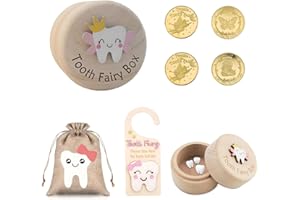 ANMAHE Tooth Fairy Box,5 Pcs Wooden Tooth Fairy Kit with Bag,Teeth Fairys Door Hangerand Gold Foil Reward Coins,3D Carved First Lost Teeth Storage Keepsake Box for Storing Baby's Dropped Baby Teeths