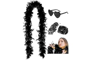DAJOOEE Boà di piume da 45g (2 iarde) con glitter e occhiali a forma di cuore - Per donne e ragazze - Addio al nubilato, Halloween e costumi (Nero)