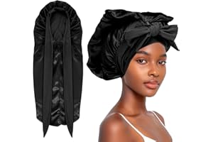 Abeillo Lange Satin Zopfhaube, Lange Satinhaube mit Knöpfe für Damen, Große Seidenhaube zum Schlafen, Satin Haarhaube Nacht, Haube mit Bindeband, Schlafhaube für Langes Lockiges Haar, Zöpfe (Schwarz)