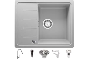 Fregadero de Cocina 62 x 50 cm, Fregadero Granito Un Seno + Grifo + Sifón Automático, Fregadero Empotrado con Escurridor Copenhagen 620 de Primagran, Gris