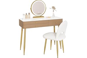 WOLTU Toletta Trucco con Specchio LED Dimmerabile, 3 Colori, Tavolo Trucco con 3 Cassetti e Sedia Ergonomica, Specchio Trucco con Luci per Camera da Letto, Moderno, Champagne/Beige