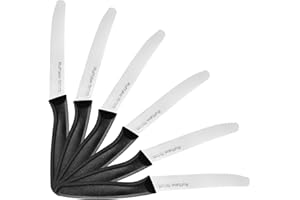 Ruffulon Set di 6 coltelli da pomodoro, coltello da tavola classico, coltelli da cucina, coltello da pane affilato, coltello tascabile seghettato, impugnatura ergonomica, nero.