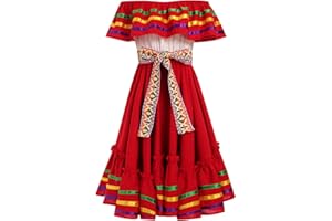 OMEWEE Kids Girls Cinco De Mayo Fiesta Traditional Mexican Dress with Belt Trajes de Indios Mexicanos Sleeveless Ruffle Drape Dress Mexican Cultural Fiesta Party Dresses