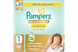 Pampers Ultimate Comfort Taped Diapers, Size 1, 2-5kg, Lotion infused with Aloe Vera and Vitamin E, x1000 Leak Locks Technology for Leakage Protection, Mega Pack, 86 Count