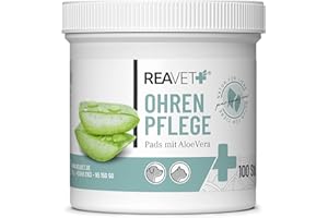 ReaVET Ohrenreiniger Hund & Katze 100 Stück – Ohrenpflege Pads Hund I Pflegeprodukt für Ohren, Reinigungstücher Hund, Besonders Milde & Schonende Reinigung mit Aloe Vera für Hunde und Katzen