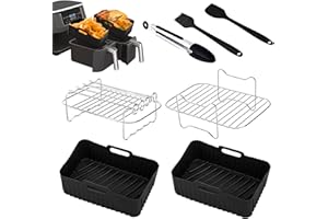 GYBOOM Upgraded Silicone Air Fryer Liner,7PCS Dual Air Fryer Accessories,Fit Most Ninja Foodi AF300UK, AF400UK 7.6-9.5L or Larger Dual Air Fryers(7PCS BLACK)