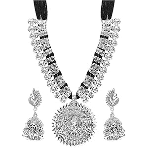 YouBella Jewellery sets for women Antique German Silver Oxidised Plated Tribal Cotton Thread Jewellery Necklace Earring Set for Women & Girls