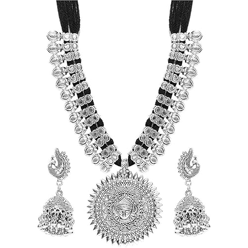 YouBella Jewellery sets for women Antique German Silver Oxidised Plated Tribal Cotton Thread Jewellery Necklace Earring Set for Women & Girls