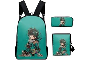 ZHONGKAIHUA Cartoon Midoriya Izuku Backpack Set 3-in-1 Childern School Bag, My Hero Academia Laptop Backpack Crossbody Bag School Bag Travel Rucksack Lunch Bag Pencil Case Gifts for Teen Girls Boys Primary