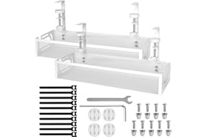SURBOOTIME 2PCS Under Desk Cable Management Tray, No Drilling Required, Metal Grid Cable Tray with Clip Seat Side Opening, Wire Management Tray, Home Office Internet Cafe Kitchen Wire Organizer White