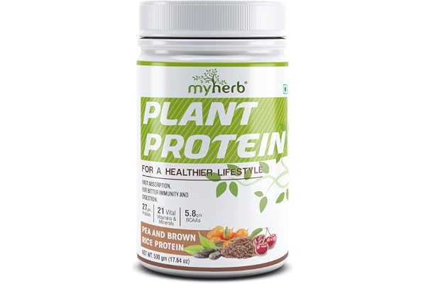 MYHERB Plant Protein Powder Pea And Brown Rice Protein Powder Vegan High Protein Powder 27 gm Protien,21 Vital,6 gm BCCAs Sugar Free For Men,Women (500 g (Pack of 1), Chocolate)