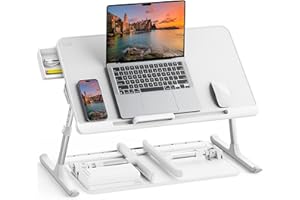 SAIJI 100% E0 Eco drewniany blat, stół do łóżka, regulowana wysokość, nóżki do sanek, łatwe przesuwanie, skóra PCW, stolik na laptopa do czytania i jedzenia