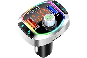 GizmoVine Transmetteur FM Bluetooth Voiture, Allume Cigare Adaptateur Emetteur Radio, Soutien QC3.0, UBS C Charge Rapide, Radio Lecteur de Musique MP3, Appels Mains Libres, 7 Couleurs Lumière