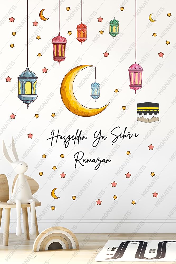 Hoşgeldin Ya Şehri Ramazan Duvar ve Cam Sticker Seti, Ramazan Temalı Dekoratif Çıkartma, Hilal Kabe Fener Yıldız Sticker