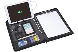 ‎MYMAZN Schreibmappe A4 Konferenzmappe PU Leder Ordner mit Powerbank,Tablet Organizermappe mit Reissverschluss Trennblätter Legal Pad Dokumentenmappe Klemmbrettmappe Businessmappe Schnellhefter Ordner Schwarz