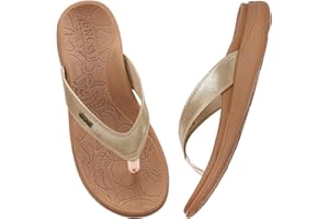 ONCAI Flip Flops for Women, Comfortable Leather Strap Orthotic Arch Support Summer Beach Flip Flops with Soft Cushion Yoga Foam Rubber Soles UK Size 3-10