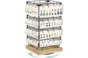 EsLuker.ly Rotating Earring Display Holder Stand for Vendors Events Selling, Large Capacity 64 Hooks Jewelry Rack with Wooden Base for Earring Card Sales, Enhances Retail Display Visibility