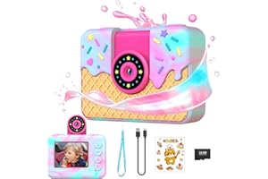 Ushining Appareil Photo Enfants, 1080P Selfie Caméra Vidéo Enfant 10X Zoom Appareil Photo Numérique Enfant avec Écran 2,0 Pouces Carte TF 32 Go, Cadeau pour Garçons et Filles 3-12 Ans, Crème Glacée