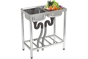 FIDOOVIVIA Stainless Steel Restaurant Kitchen Sink, 71x39x80cm Commercial Double Bowl With Tap Hole, Drain & Storage Shelf - Free Standing Outdoor Catering Sink, No Tap