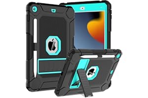 TOPWANT Case for iPad 9th 8th 7th Generation (10.2 inch, 2021/2020/2019), Shockproof Protective iPad 10.2 Case with Built-in Stand/Pencil Holder, Black+Turquoise