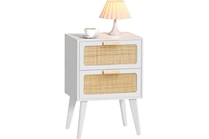 YAUKOMEL Rattanowa szafka nocna, drewniany stolik końcowy, stolik boczny z 2 wykonanymi rattanowymi szufladami, stolik nocny z połowy ubiegłego wieku, drewniany stolik ze schowkiem, biały,DECTG59W