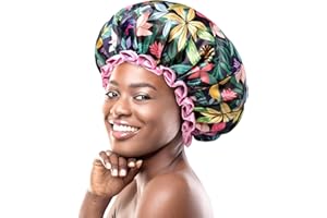 mikimini Reusable Shower Cap for Women Long Hair, Wide Secure-Fit Elastic Band, Large Double Layer Waterproof Bath Cap, Washable Bath Cap with Rainforest Design