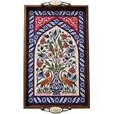 Geleneksel K&uuml;tahya &Ccedil;ini Desenli Ahşap Servis Tepsisi Anka, El Yapımı Seramik Y&uuml;zey, 42x27 cm, Dekoratif Sunum Tepsisi