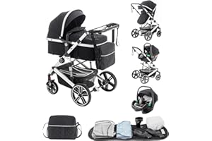 Lnhcrbs Baby Stroller 3 in 1 with Car Seat According to ECE R129,Travel Stroller is Foldable,3 in 1 Pram Frame in Aluminium with Shock Absorbing System, Suitable for 0-48 Months,22 Kg,Black