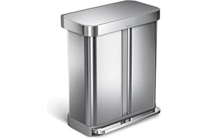 simplehuman CW2025 poubelle de recyclage rectangulaire, avec réserve à sacs, poubelle de cuisine, tri selectif 2 bacs, double compartiments, acier inoxydable brossé, 58 litres (34/24)