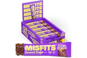 Misfits Vegan Protein Bars - Caramel Fudge | Sports Nutrition Bars - 15 grams Protein | 1 gram Sugar | Plant-Based, Low Carb, High Fibre | No Palm Oil | Non-GMO | Pack of 15