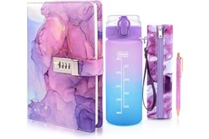 XOURSPATY Diary with Lock Girls Drinking Bottle Gifts for Girls 8 9 10 11 12 13 Years, School Birthday Gift Girls Age 7-14 Children, Notebook with Code Water Bottle School Pen Pencil Case