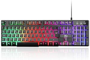 Rii Clavier Gamer - AZERTY - Nouveau Clavier USB Filaire - 105 Touches Semi-Mécaniques - 5 Couleurs LED Rétro - 11 Raccourcis Multimédia - pour PC Mac - PS4 PS5 - Noir
