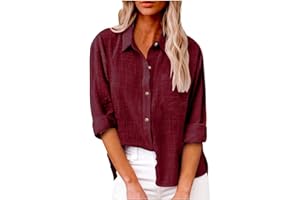HAOLEI Chemise Femme Coton Et Lin Chemisier Col en V Bouton Manches Longues Tops Couleur Unie LâChe Respirant T-Shirts Grande Taille Pas Cher Casual Coton Lin Tunique Blouse