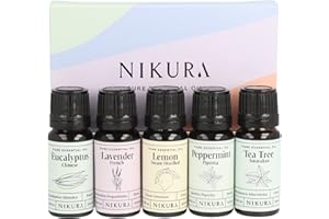 Nikura Starter Essential Oil Gift Set - 5 x 10ml | Essential Oils for Diffuser for Home, Aromatherapy, Strong Fragrance, Lavender Oil for Sleep | Eucalyptus, Lavender, Lemon, Peppermint, Tea Tree