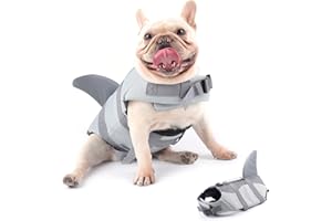Hifrenchies Hundeschwimmweste Hai Schwimmweste Haustier Sicherheit Badeanzug Rettungsweste für Französische Bulldogge(Größe M, Hai)