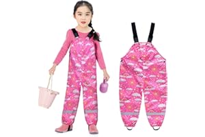 Qiraoxy Toddlers Kids Rain Trousers Windproof Waterproof Dungarees Dinosaur Printed Mud Dirty Proof Suspender Rainwear Pants with Knitted Lined