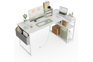 BEXEVUE Escritorio de Esquina con Regleta Enchufes - 100x70 cm Mesa de Ordenador en Forma L, Estantes de Almacenamiento, Oficina Esquina Reversible Desk para Estudio Trabajo Dormitorio Hogar Blanco