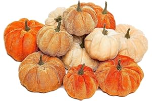 VORAE Halloween Artificial Pumpkins 12Pcs Velvet Pumpkin Ornament Mini Fake Pumpkins for Fall Harvest Autumn Halloween Thanksgiving Party Home Decor (Orange)