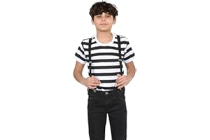 Grunge Wear® Boys Girls Striped Black White T-Shirt & Braces Set - Unisex Kids Halloween Fancy Dress Costume Age 5-13 Years