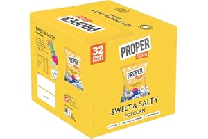 PROPER Sweet & Salty Popcorn, Natural Sea Salt and Demerara Sugar Seasoning, Vegetarian, Gluten-Free, Hand-Popped Corn, 65 kcal, 14g, Box of 32