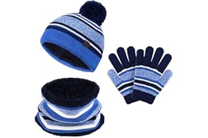 MORIASTER Set di Guanti per Sciarpa con Cappello Invernale per Bambini, Guanti con Ghetta per Scaldacollo in Maglia Lavorata a Maglia per Neonato 3PC, Cappellini con Strisce in Pom per Ragazzi Ragazze Bambini