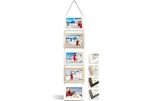 NEOWS Portafotos Múltiple Decorativo para Colgar en Pared - Marcos de Fotos Multiples de Madera Con Cuerda - Collage Portarretratos Colgante - Fotos 10x15 cm (Blanco y Roble, 5 Fotos Horizontal)