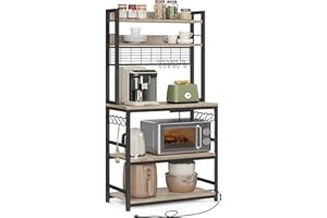 VASAGLE Estantería para Panadería con Toma de Corriente, Soporte de Microondas, Estantería de Cocina, Alambre de Metal, 14 Ganchos, 40 x 80 x 170 cm, Greige y Negro KKS025B02EU